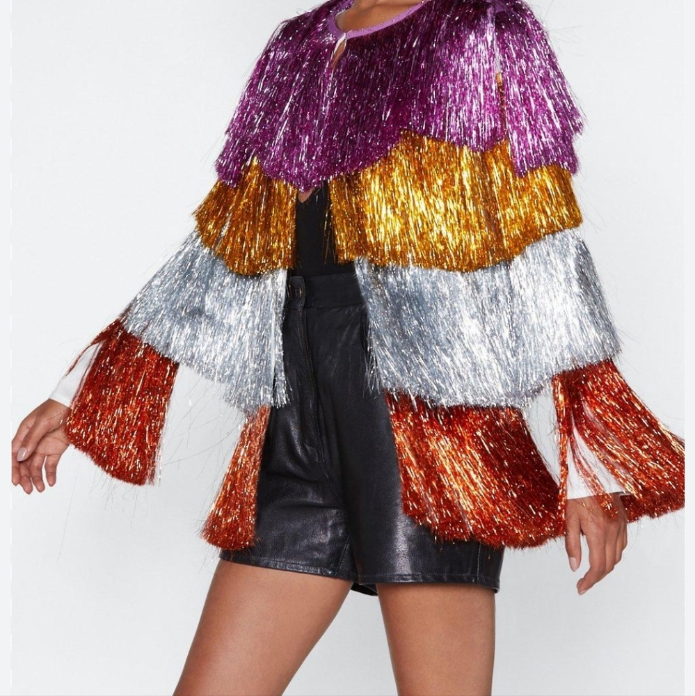 Nasty Gal Diffuse Party Fringe metallic jacket 14/10 M/L
